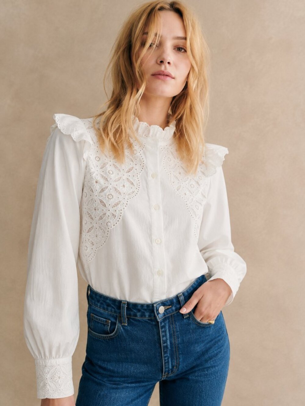 Sezane‎ Mary Blouse Ecru Size 4 FR 36 Eyelet Ruffle Long Sleeve Top